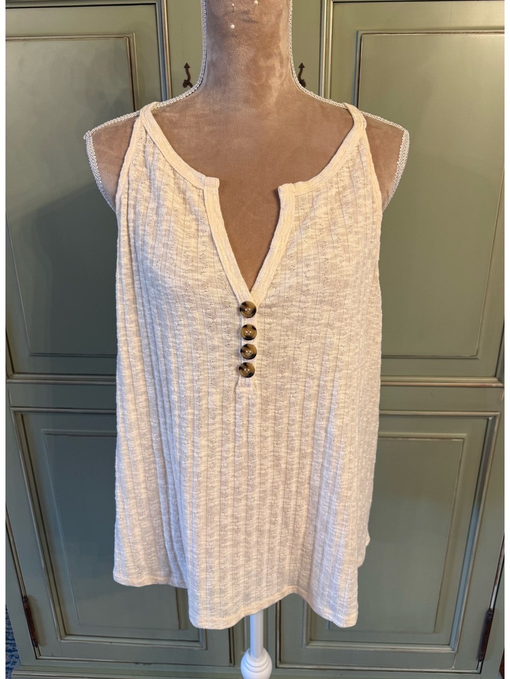 Maurices Cream Textured Knit Tank with Button Placket